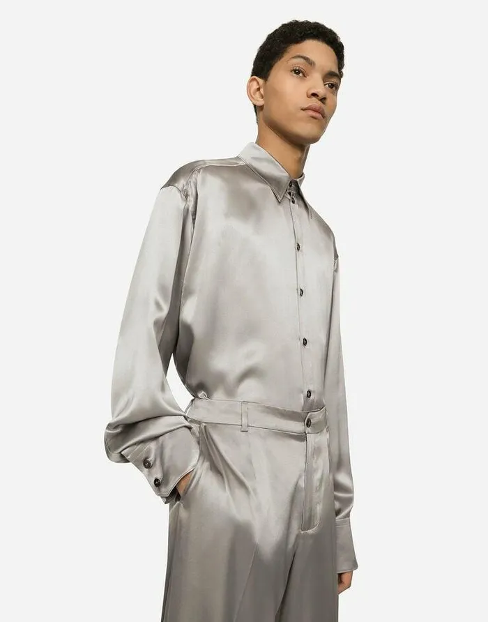 Dolce and Gabbana Shirts Men Oversize Silk Shirt Grey Dolce and Gabbana Shirts Men Oversize Silk Shirt Grey