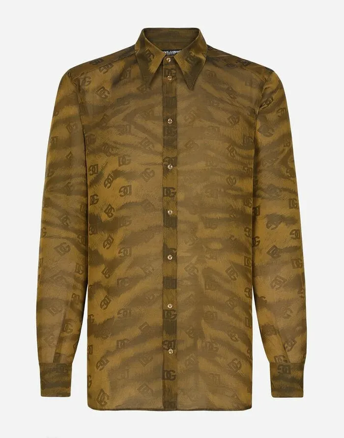 Dolce and Gabbana Shirts Men Silk Jacquard Martinifit Shirt With DG Logo And Tigers Yellow Dolce and Gabbana Shirts Men Silk Jacquard Martinifit Shirt With DG Logo And Tigers Yellow