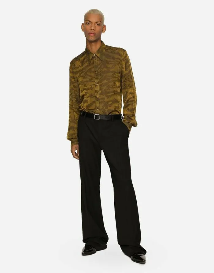 Dolce and Gabbana Shirts Men Silk Jacquard Martinifit Shirt With DG Logo And Tigers Yellow Dolce and Gabbana Shirts Men Silk Jacquard Martinifit Shirt With DG Logo And Tigers Yellow