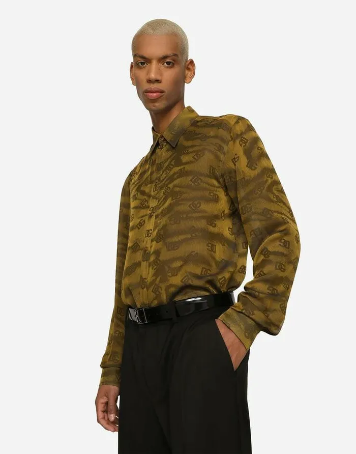 Dolce and Gabbana Shirts Men Silk Jacquard Martinifit Shirt With DG Logo And Tigers Yellow Dolce and Gabbana Shirts Men Silk Jacquard Martinifit Shirt With DG Logo And Tigers Yellow
