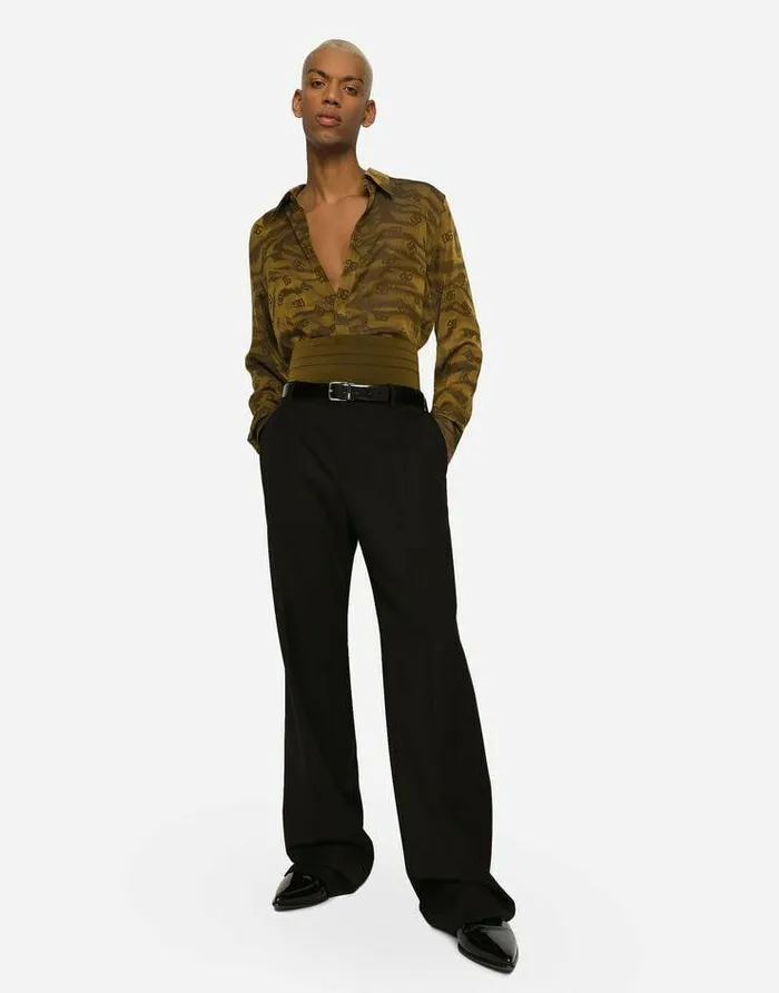 Dolce and Gabbana Shirts Men Silk Jacquard Martinifit Shirt With DG Logo And Tigers Yellow Dolce and Gabbana Shirts Men Silk Jacquard Martinifit Shirt With DG Logo And Tigers Yellow