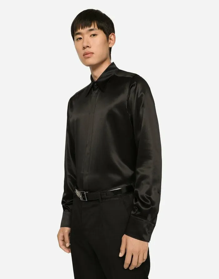 Dolce and Gabbana Shirts Men Silk Satin Martinifit Shirt Black Dolce and Gabbana Shirts Men Silk Satin Martinifit Shirt Black