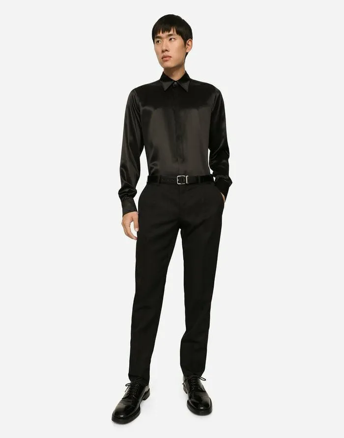Dolce and Gabbana Shirts Men Silk Satin Martinifit Shirt Black Dolce and Gabbana Shirts Men Silk Satin Martinifit Shirt Black