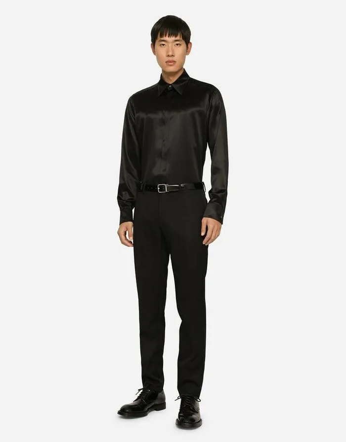Dolce and Gabbana Shirts Men Silk Satin Martinifit Shirt Black Dolce and Gabbana Shirts Men Silk Satin Martinifit Shirt Black
