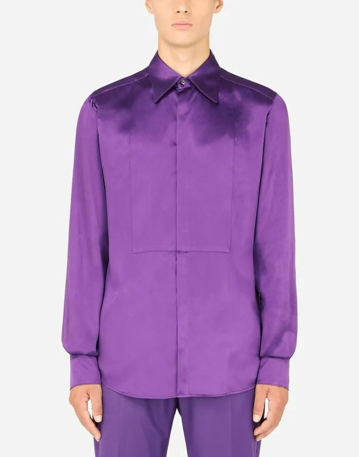 Dolce and Gabbana Shirts Men Silk Satin Martinifit Tuxedo Shirt Purple Dolce and Gabbana Shirts Men Silk Satin Martinifit Tuxedo Shirt Purple