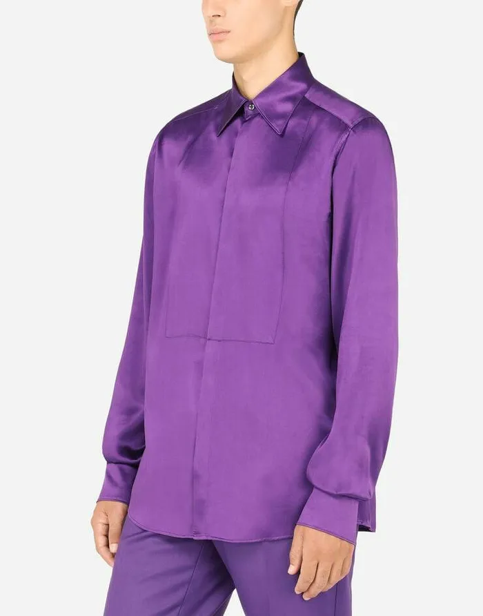 Dolce and Gabbana Shirts Men Silk Satin Martinifit Tuxedo Shirt Purple Dolce and Gabbana Shirts Men Silk Satin Martinifit Tuxedo Shirt Purple