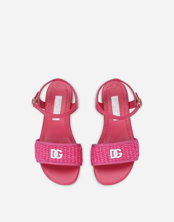 Dolce and Gabbana Shoes 2438 Children Straw And Nappa Leather Sandals With DG Logo Fuchsia Dolce and Gabbana Shoes 2438 Children Straw And Nappa Leather Sandals With DG Logo Fuchsia