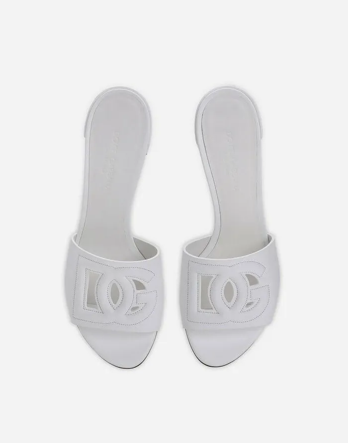 Dolce and Gabbana Slides And Mules Women Calfskin Mules With DG Millennials Logo White