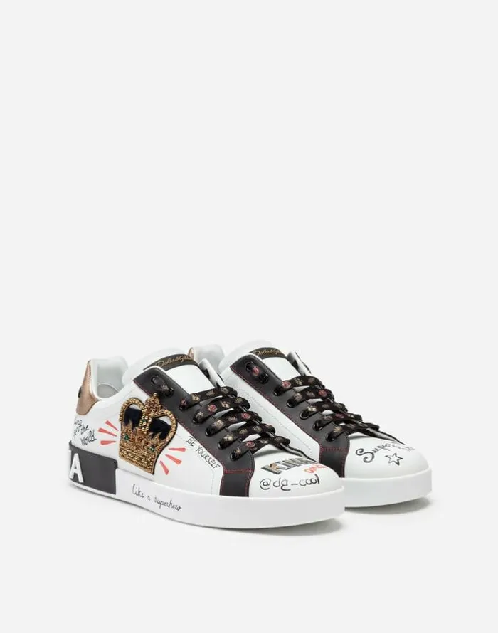 Dolce and Gabbana Sneakers Men Portofino Sneakers In Printed Nappa Calfskin With Patch White Dolce and Gabbana Sneakers Men Portofino Sneakers In Printed Nappa Calfskin With Patch White