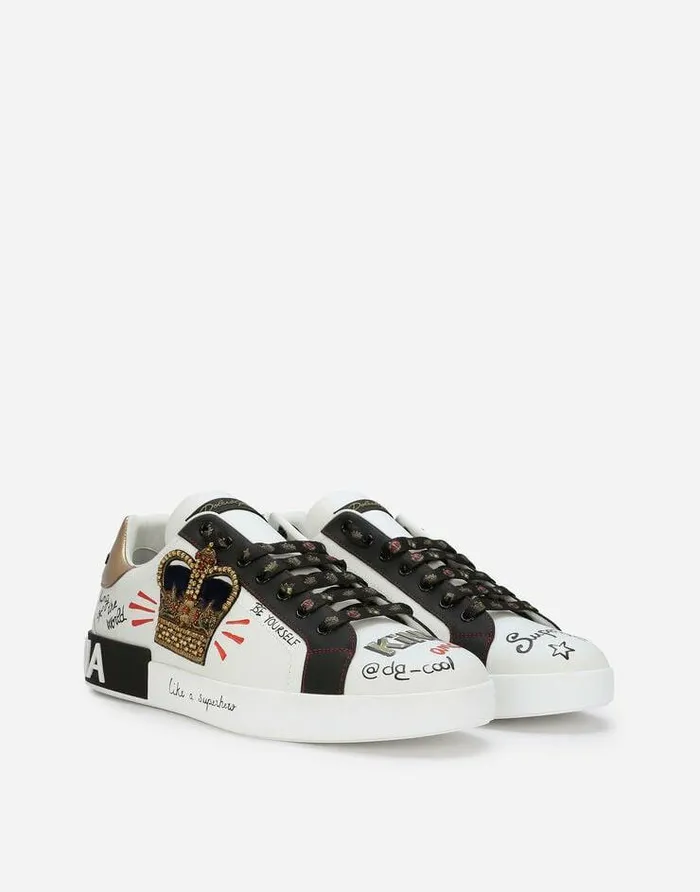 Dolce and Gabbana Sneakers Men Portofino Sneakers In Printed Nappa Calfskin With Patch White Dolce and Gabbana Sneakers Men Portofino Sneakers In Printed Nappa Calfskin With Patch White