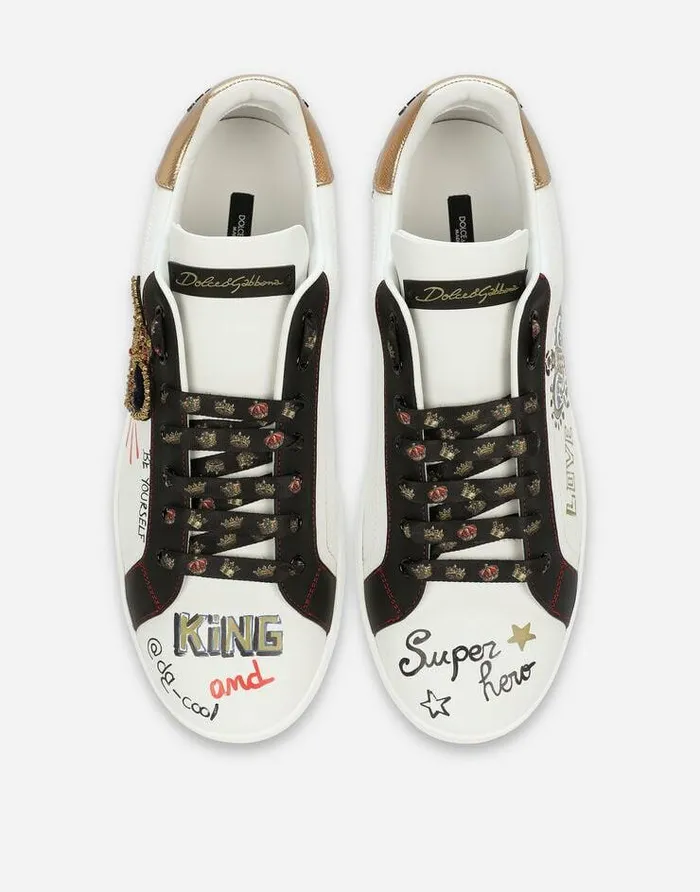 Dolce and Gabbana Sneakers Men Portofino Sneakers In Printed Nappa Calfskin With Patch White Dolce and Gabbana Sneakers Men Portofino Sneakers In Printed Nappa Calfskin With Patch White