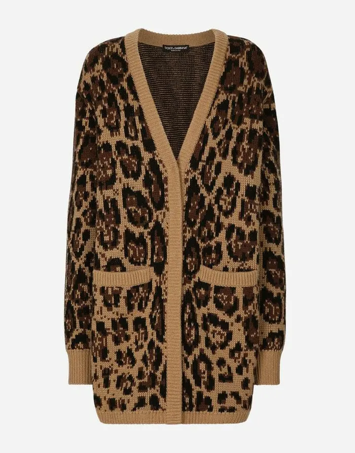 Dolce and Gabbana Sweaters And Cardigans Women Long Wool And Cashmere Cardigan With Jacquard Leopard Design Multicolor Dolce and Gabbana Sweaters And Cardigans Women Long Wool And Cashmere Cardigan With Jacquard Leopard Design Multicolor