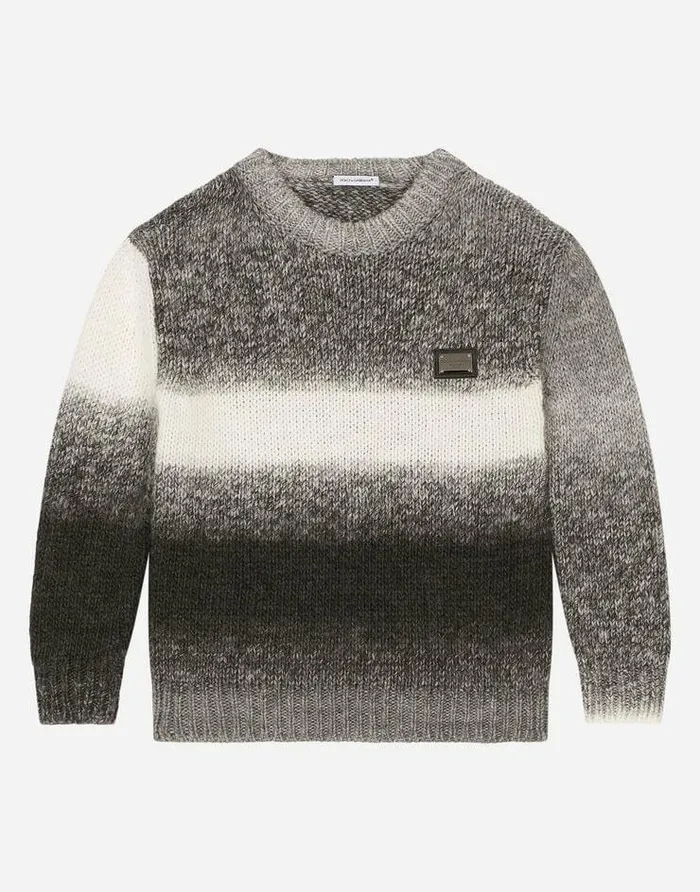 Dolce and Gabbana Sweaters Children Roundneck Ombr Knit Pullover With Logo Tag Grey