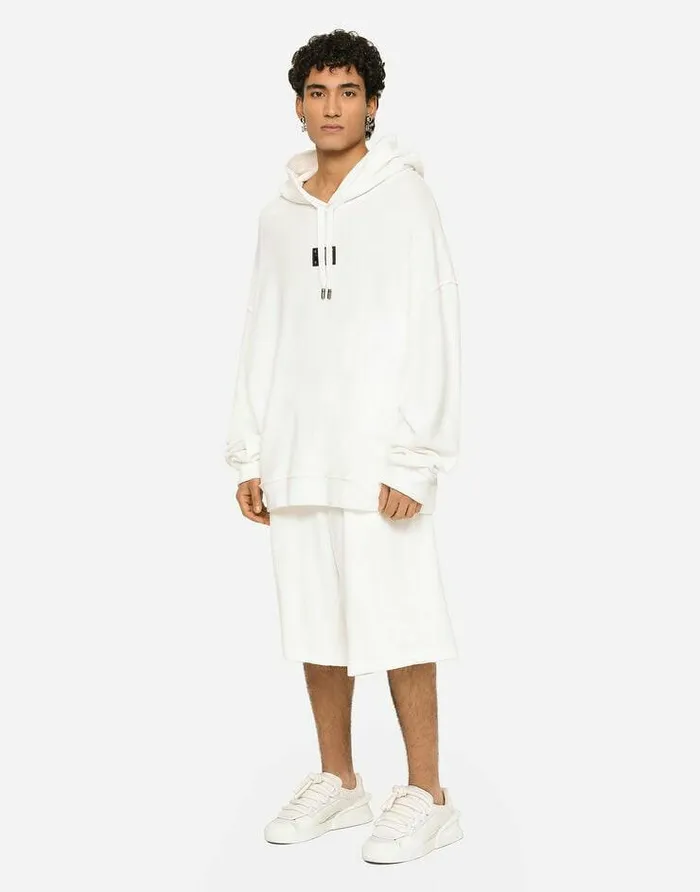 Dolce and Gabbana Sweatshirts Men Jersey Terry Hoodie With Logo Tag White Dolce and Gabbana Sweatshirts Men Jersey Terry Hoodie With Logo Tag White