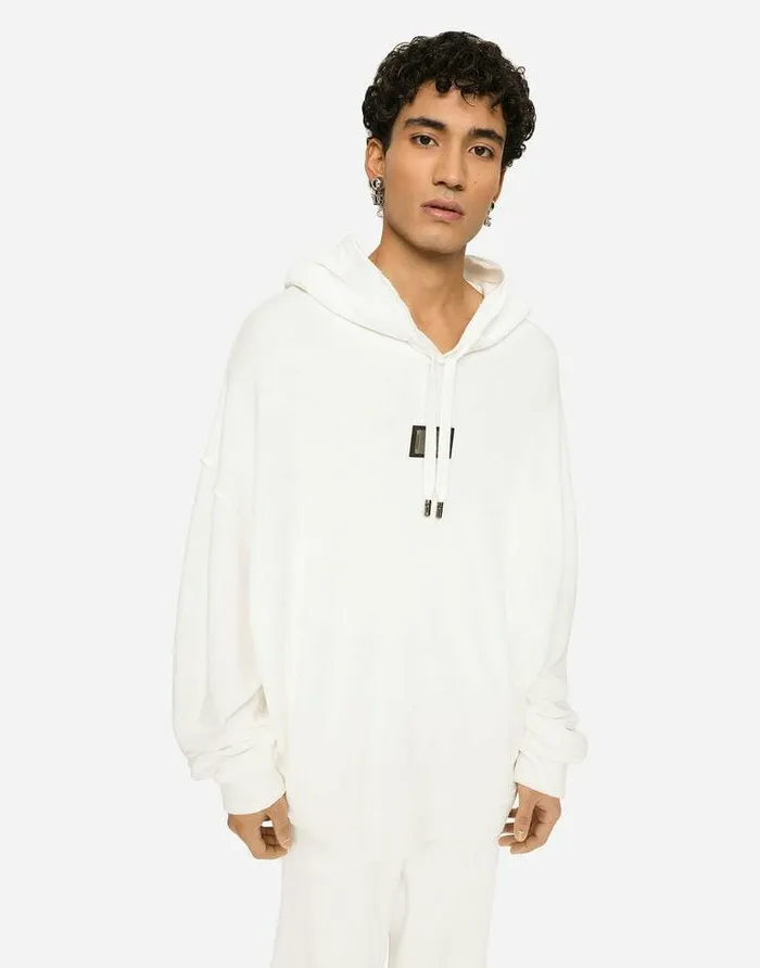 Dolce and Gabbana Sweatshirts Men Jersey Terry Hoodie With Logo Tag White Dolce and Gabbana Sweatshirts Men Jersey Terry Hoodie With Logo Tag White