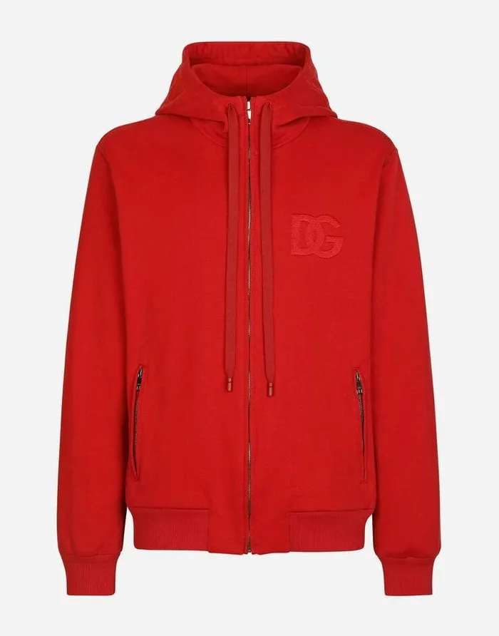 Dolce and Gabbana Sweatshirts Men Zipup Jersey Hoodie With DG Embroidery Red