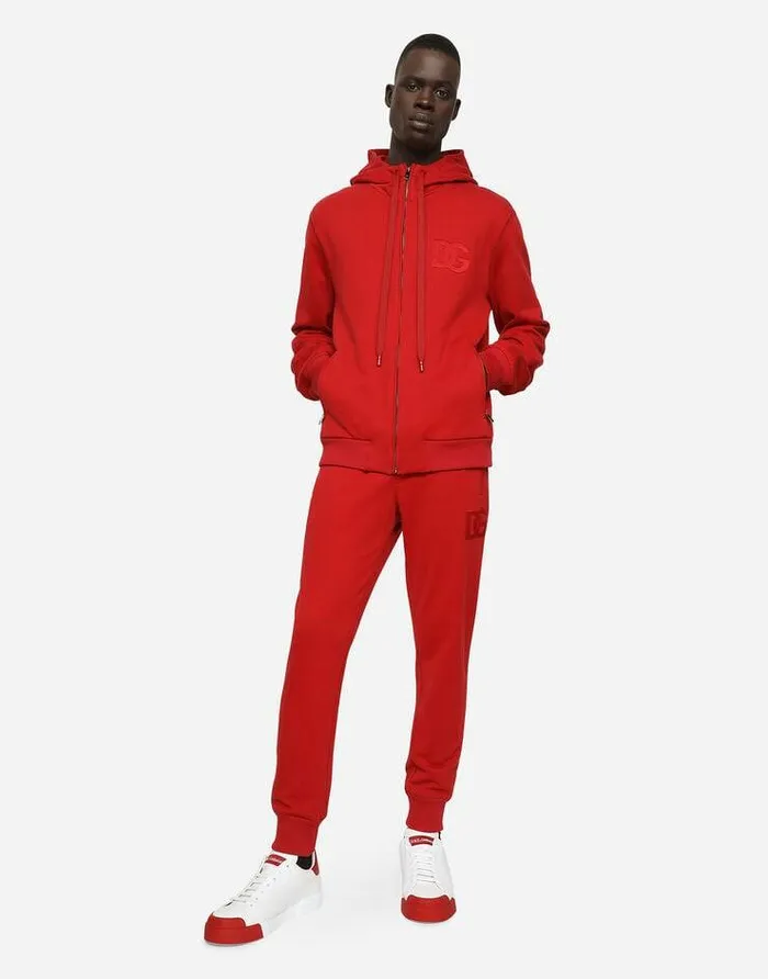 Dolce and Gabbana Sweatshirts Men Zipup Jersey Hoodie With DG Embroidery Red Dolce and Gabbana Sweatshirts Men Zipup Jersey Hoodie With DG Embroidery Red