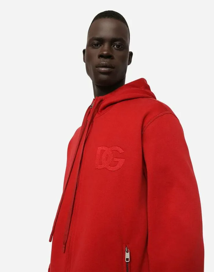 Dolce and Gabbana Sweatshirts Men Zipup Jersey Hoodie With DG Embroidery Red Dolce and Gabbana Sweatshirts Men Zipup Jersey Hoodie With DG Embroidery Red