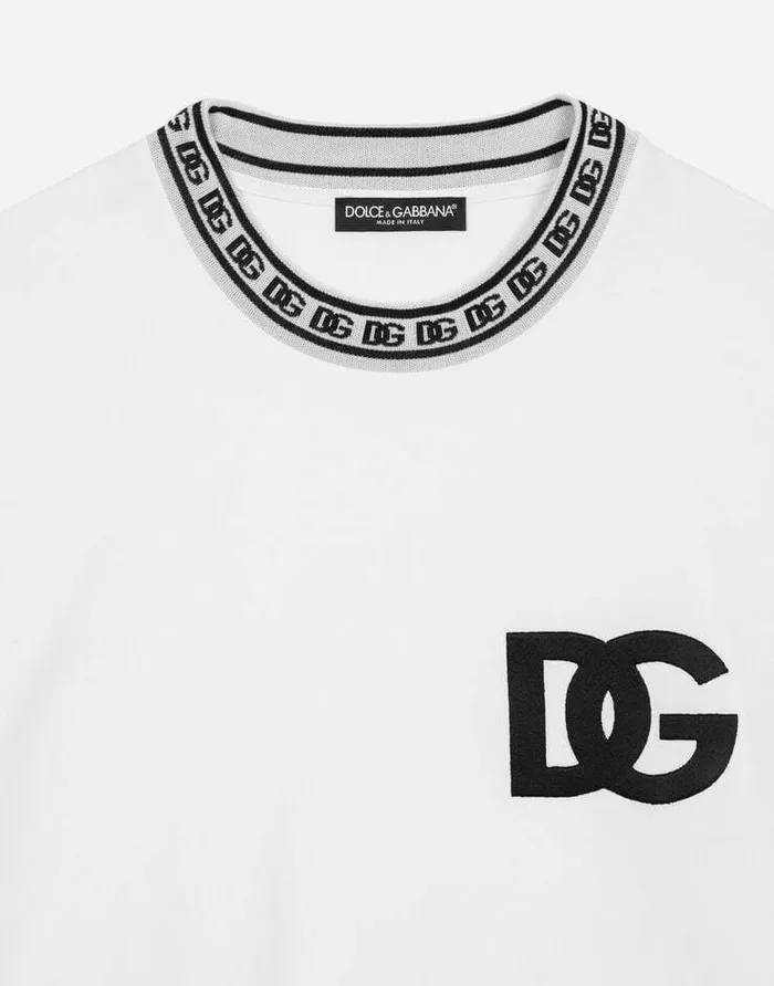 Dolce and Gabbana TShirts And Polos Men Cotton Roundneck Tshirt With DG Embroidery White Dolce and Gabbana TShirts And Polos Men Cotton Roundneck Tshirt With DG Embroidery White