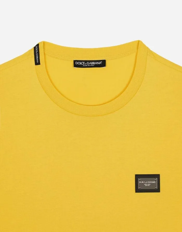 Dolce and Gabbana TShirts And Polos Men Cotton Tshirt With Branded Tag Yellow Dolce and Gabbana TShirts And Polos Men Cotton Tshirt With Branded Tag Yellow