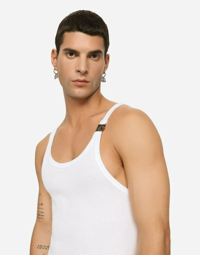 Dolce and Gabbana TShirts And Polos Men Finerib Cotton Singlet With DG Hardware White Dolce and Gabbana TShirts And Polos Men Finerib Cotton Singlet With DG Hardware White