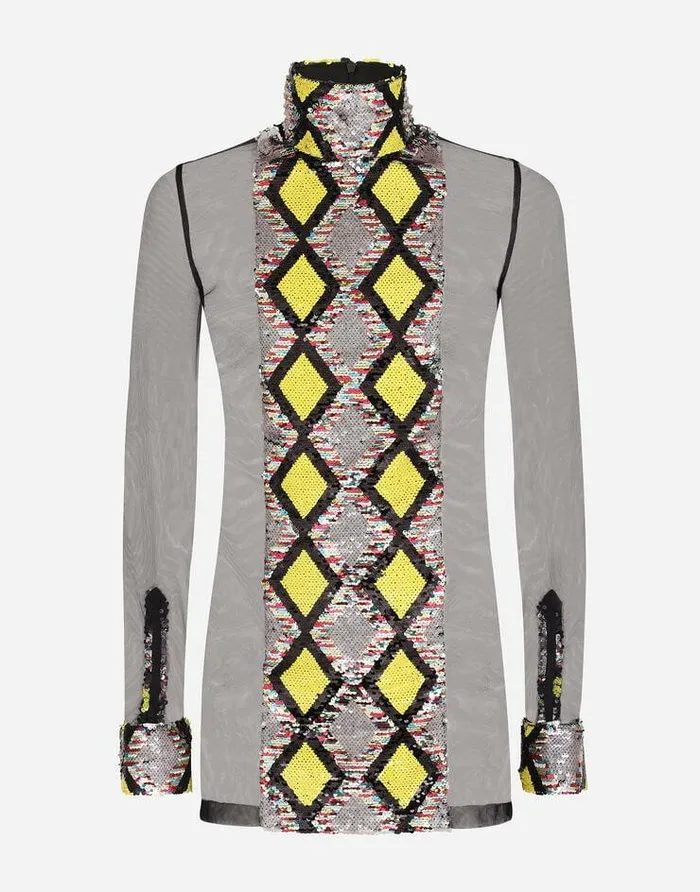 Dolce and Gabbana TShirts And Polos Men Highnecked Tulle Tshirt With Sequined Details Multicolor Dolce and Gabbana TShirts And Polos Men Highnecked Tulle Tshirt With Sequined Details Multicolor