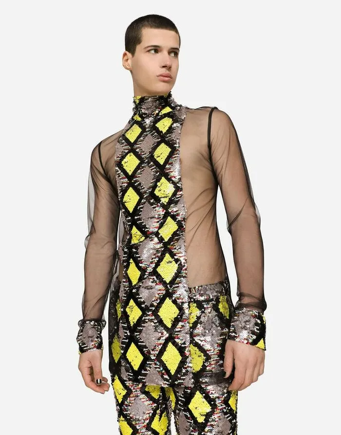 Dolce and Gabbana TShirts And Polos Men Highnecked Tulle Tshirt With Sequined Details Multicolor Dolce and Gabbana TShirts And Polos Men Highnecked Tulle Tshirt With Sequined Details Multicolor
