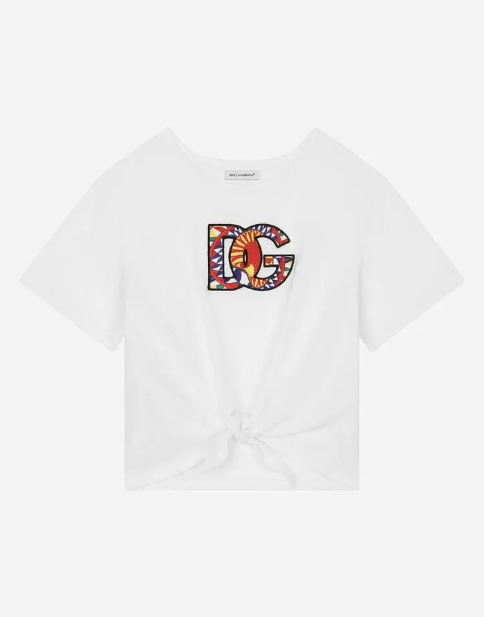 Dolce and Gabbana TShirts And Sweatshirts Children Jersey Tshirt With Carrettodesign DG Patch And Knot Detail White