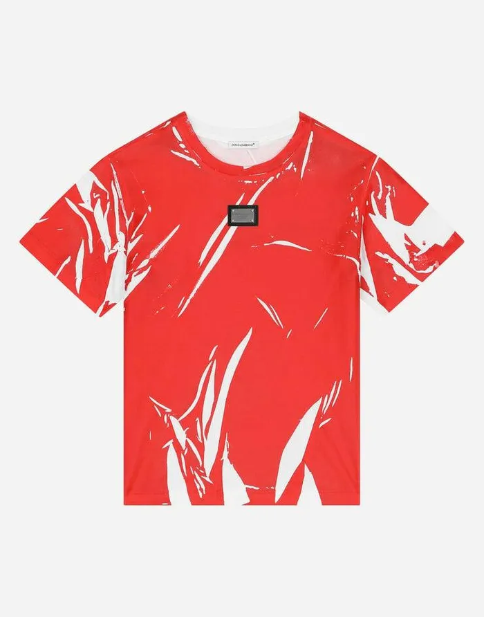 Dolce and Gabbana TShirts And Sweatshirts Children Shortsleeved Printed Jersey Tshirt With Logo Tag Red Dolce and Gabbana TShirts And Sweatshirts Children Shortsleeved Printed Jersey Tshirt With Logo Tag Red