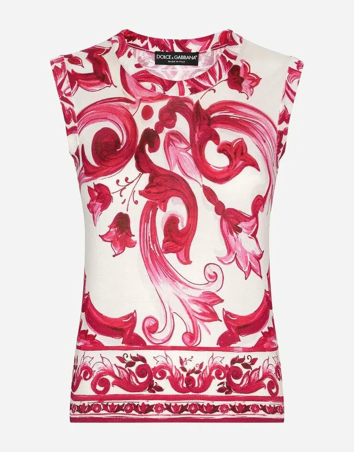 Dolce and Gabbana TShirts And Sweatshirts Women Sleeveless Silk Top With Majolica Print Multicolor Dolce and Gabbana TShirts And Sweatshirts Women Sleeveless Silk Top With Majolica Print Multicolor