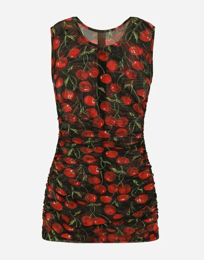 Dolce and Gabbana TShirts And Sweatshirts Women Sleeveless Tulle Top With Cherry Print And Draping Multicolor Dolce and Gabbana TShirts And Sweatshirts Women Sleeveless Tulle Top With Cherry Print And Draping Multicolor