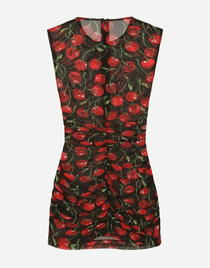 Dolce and Gabbana TShirts And Sweatshirts Women Sleeveless Tulle Top With Cherry Print And Draping Multicolor Dolce and Gabbana TShirts And Sweatshirts Women Sleeveless Tulle Top With Cherry Print And Draping Multicolor