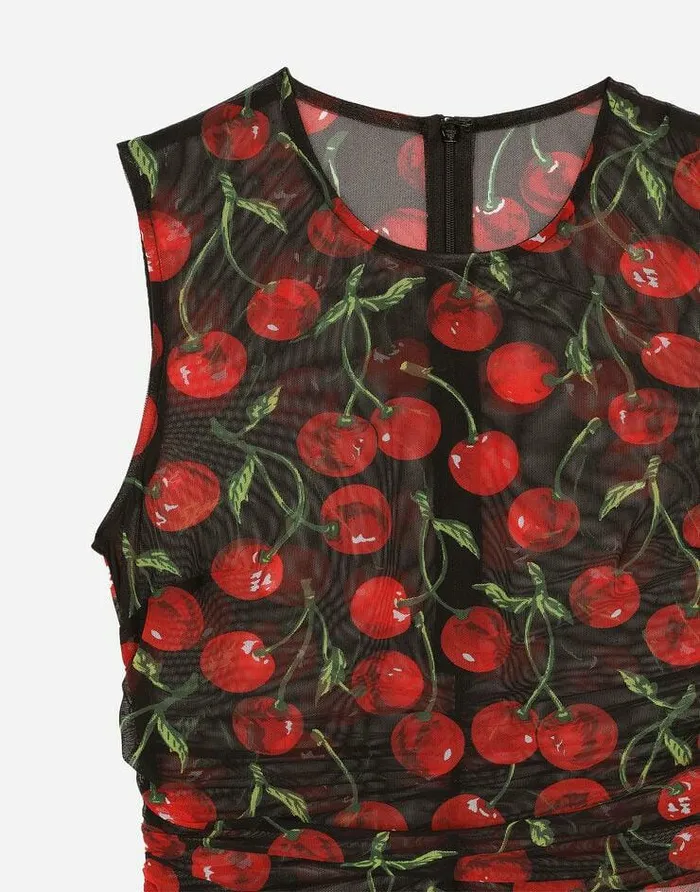 Dolce and Gabbana TShirts And Sweatshirts Women Sleeveless Tulle Top With Cherry Print And Draping Multicolor Dolce and Gabbana TShirts And Sweatshirts Women Sleeveless Tulle Top With Cherry Print And Draping Multicolor