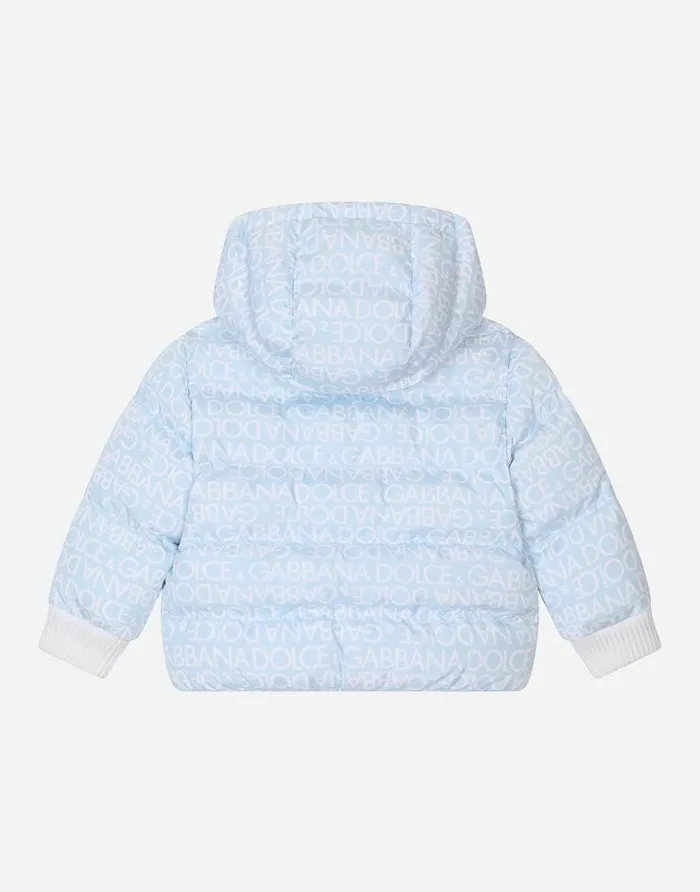 Dolce and Gabbana Topwear Children Short Down Jacket With Allover Logo Detailing And Patch Azure Dolce and Gabbana Topwear Children Short Down Jacket With Allover Logo Detailing And Patch Azure