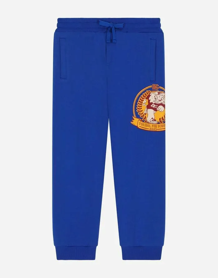 Dolce and Gabbana Trousers And Shorts Children Cotton Jogging Pants With Mascot Print Blue