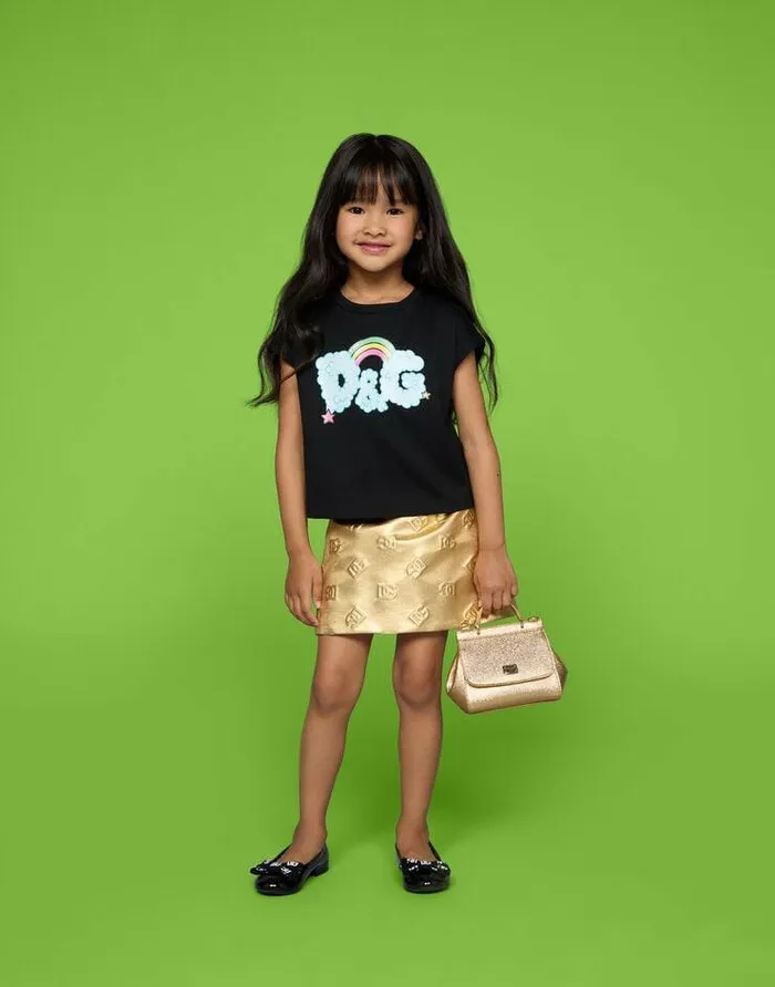Dolce and Gabbana Trousers And Skirts Children Short Foiled Jacquard Skirt With DG Logo Gold Dolce and Gabbana Trousers And Skirts Children Short Foiled Jacquard Skirt With DG Logo Gold