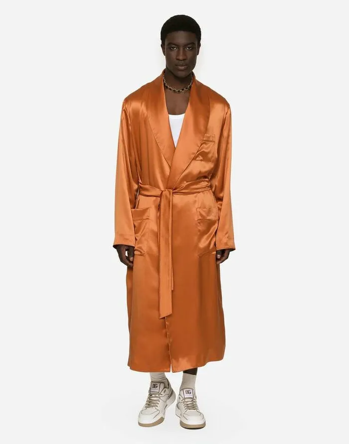 Dolce and Gabbana Underwear And Loungewear Men Silk Satin Robe With Metal DG Logo Beige Dolce and Gabbana Underwear And Loungewear Men Silk Satin Robe With Metal DG Logo Beige