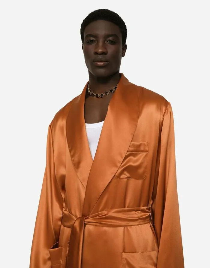 Dolce and Gabbana Underwear And Loungewear Men Silk Satin Robe With Metal DG Logo Beige Dolce and Gabbana Underwear And Loungewear Men Silk Satin Robe With Metal DG Logo Beige