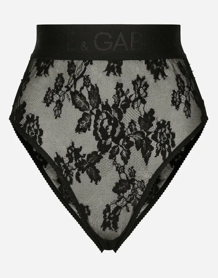Dolce and Gabbana Underwear Women Highwaisted Lace Briefs With Branded Elastic Black
