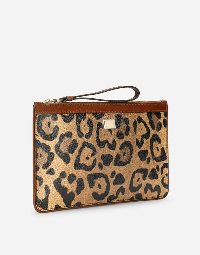 Dolce and Gabbana Wallets And Small Leather Goods Women Flat Toiletry Bag In Leopardprint Crespo With Branded Plate Multicolor Dolce and Gabbana Wallets And Small Leather Goods Women Flat Toiletry Bag In Leopardprint Crespo With Branded Plate Multicolor