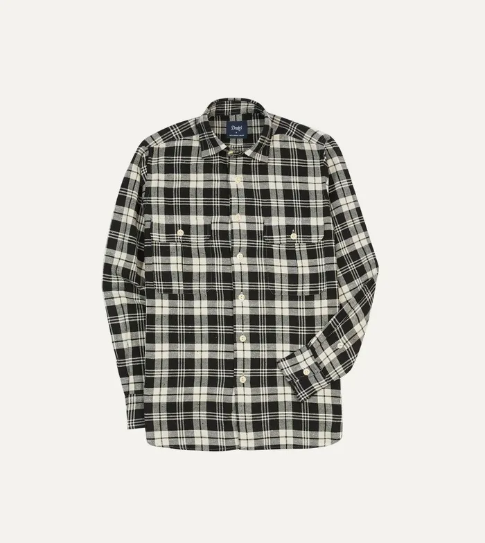 Drake039s Black And White Check Brushed Cotton TwoPocket Work Shirt 8211 Shirts