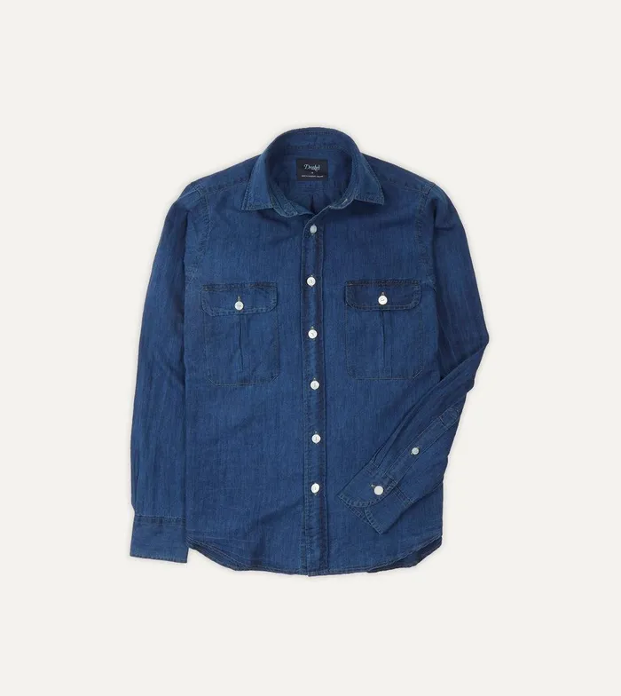 Drake039s Blue Cotton Linen TwoPocket Work Shirt 8211 Shirts