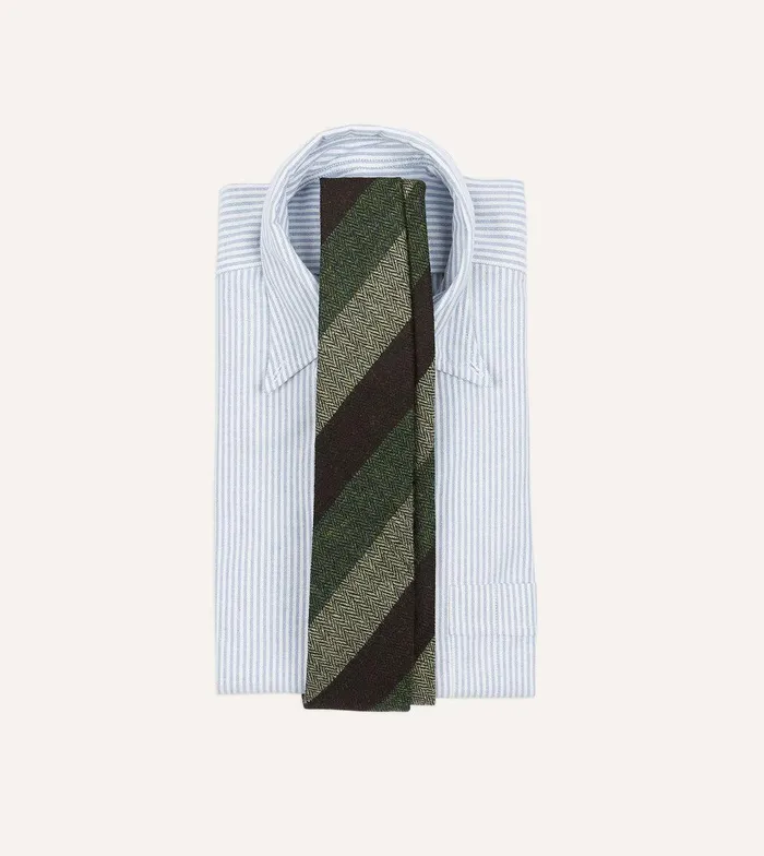 Drake039s Brown And Green Thick Stripe Herringbone Hand Rolled Shetland Wool Tie 8211 Ties