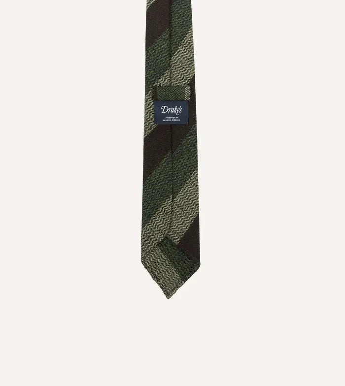 Drake039s Brown And Green Thick Stripe Herringbone Hand Rolled Shetland Wool Tie 8211 Ties