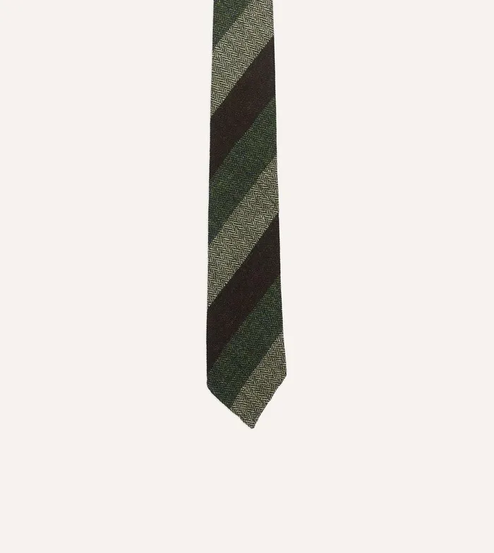 Drake039s Brown And Green Thick Stripe Herringbone Hand Rolled Shetland Wool Tie 8211 Ties