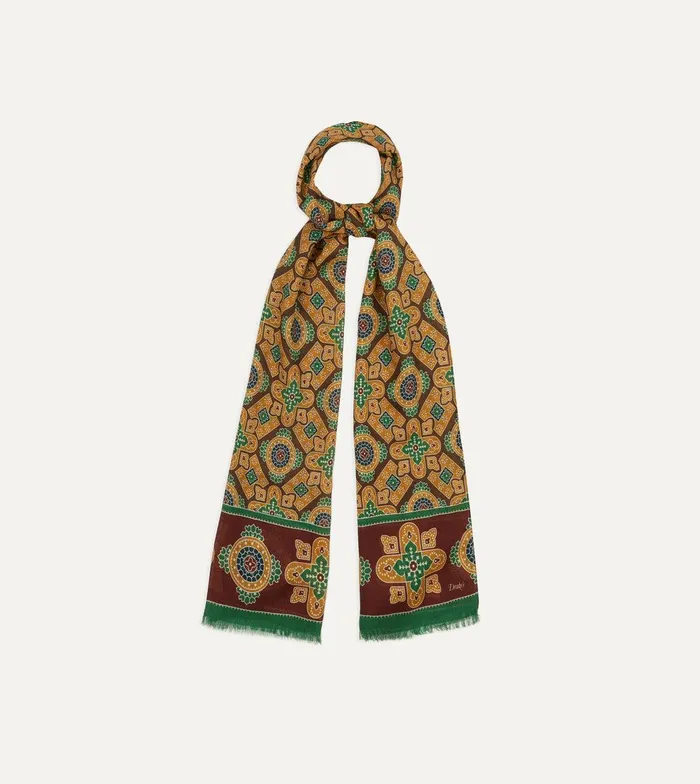 Drake039s Brown And Red Medallion Print WoolSilk Scarf 8211 Accessories