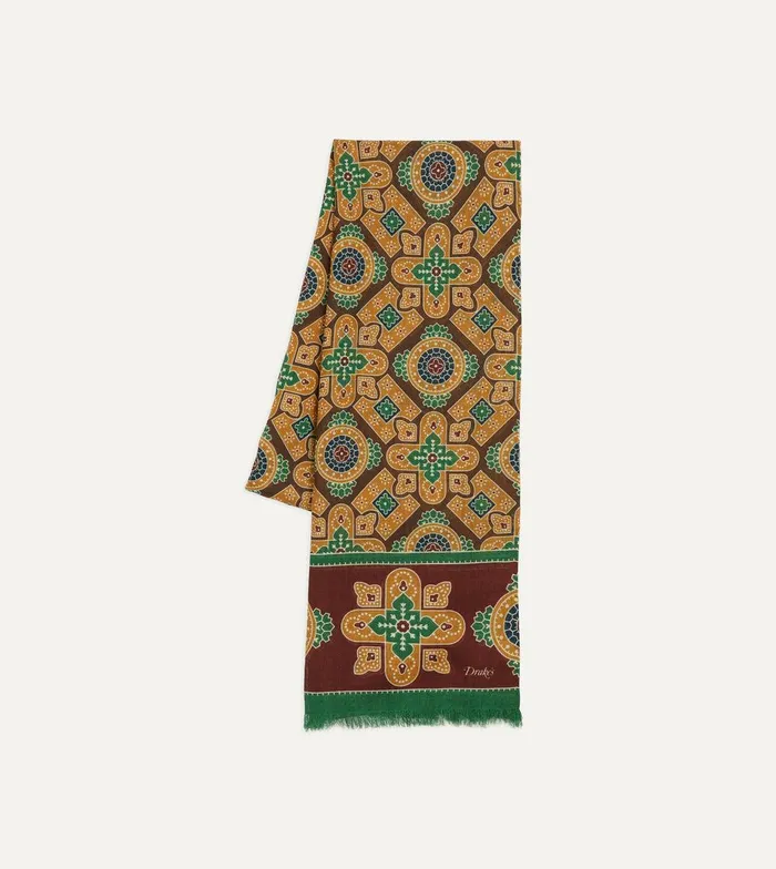 Drake039s Brown And Red Medallion Print WoolSilk Scarf 8211 Accessories