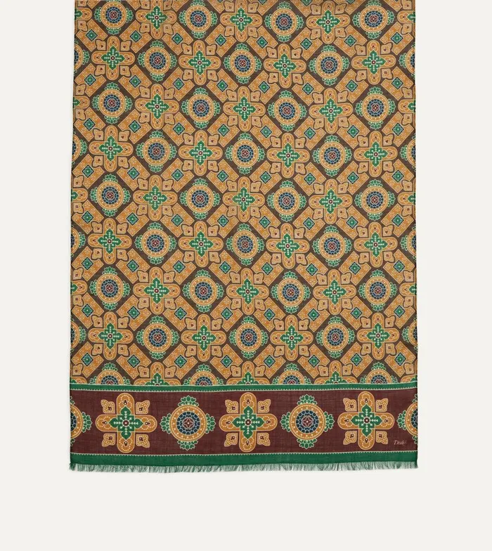 Drake039s Brown And Red Medallion Print WoolSilk Scarf 8211 Accessories