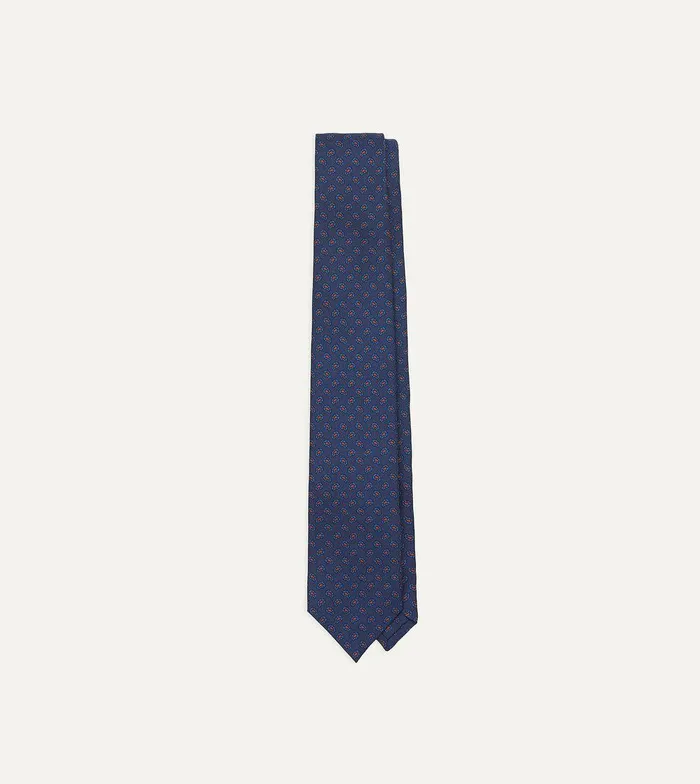 Drake039s Navy Mini Paisley Leaf Print Silk Twill Self Tipped Tie 8211 Ties