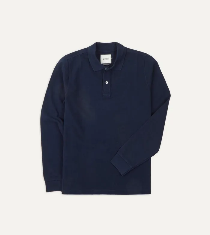 Drake039s Navy Pique Cotton LongSleeve Polo Shirt 8211 Clothing